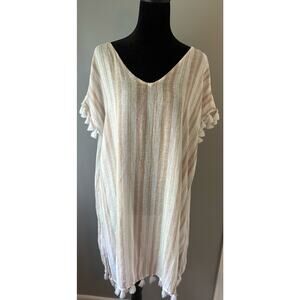 C&C California Swim Coverup XL Beige Tasseled Boho Dress Beach V-Neck Linen